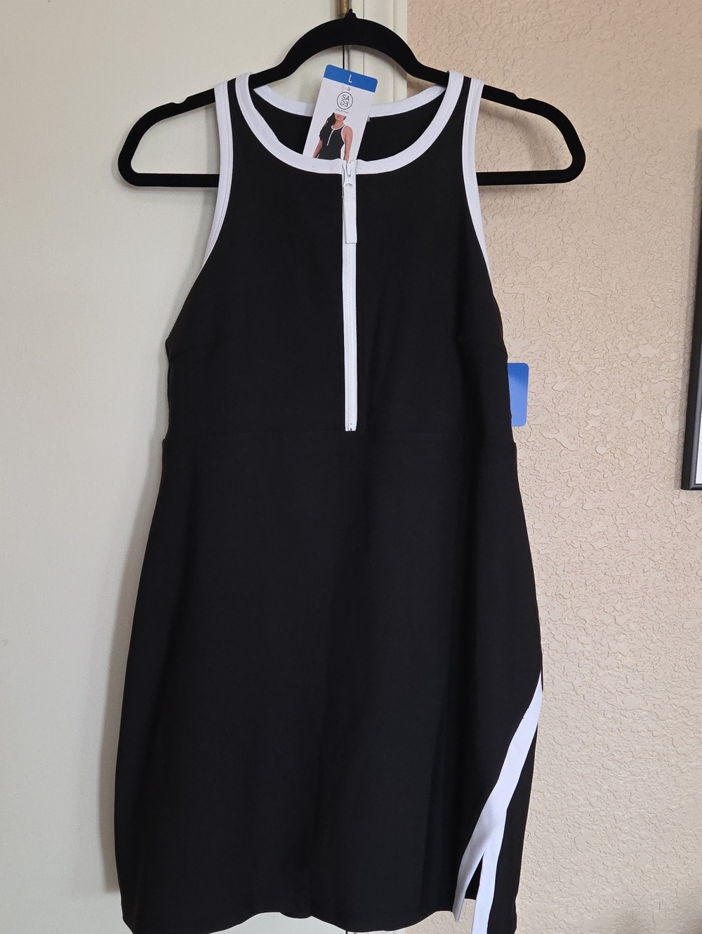 Black Sleeveless Workout Dress with White Trim and Front Zip